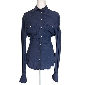 Escada Ruched Navy Button-Up Shirt